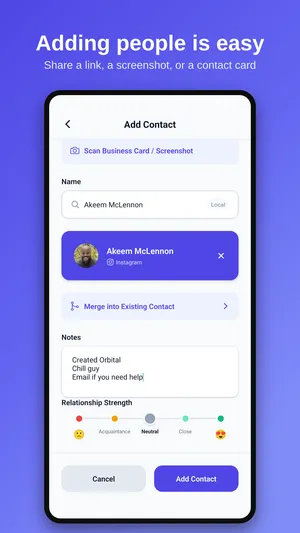 The Orbital add-contact screen, pre-filled from a shared Instagram profile